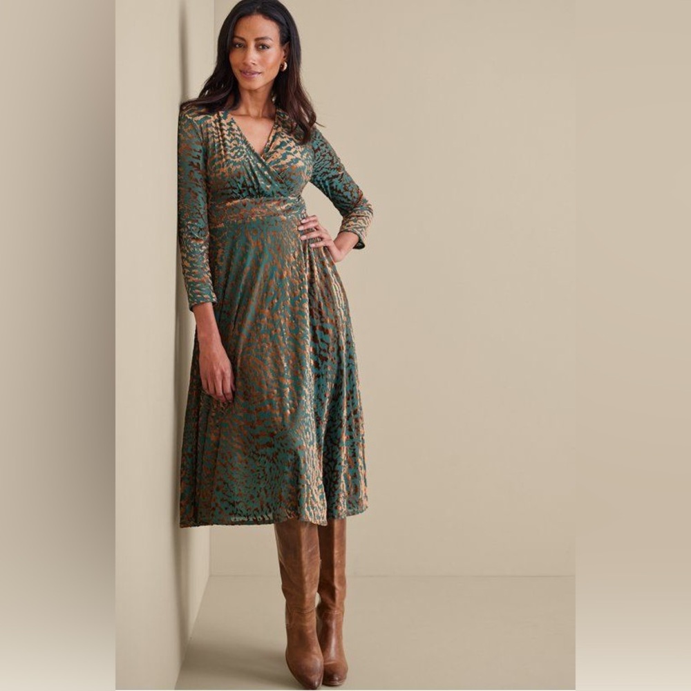Soft Surroundings “Shae” teal and brown velvet burnout midi dress, size medium